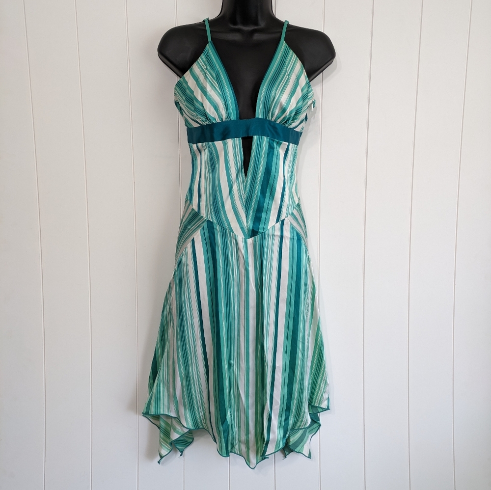 Y2K bebe Handkerchief Peacock, Deep V low cut, Spaghetti strap Dress